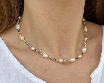 Colorful necklace, y2k necklace, pearl necklace, choker necklace, beaded necklace