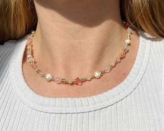 Beaded necklace, dainty necklace, rose quartz necklace, choker necklace