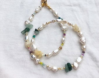 Beaded gemstone necklace with green aventurine yellow citrine , rainbow pearl beaded necklace