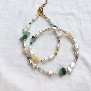 Beaded gemstone necklace with green aventurine yellow citrine , rainbow pearl beaded necklace image 1