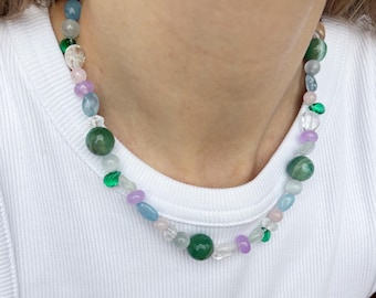 Beaded gemstone necklace, chunky necklace, agate jade necklace, summer layered necklace