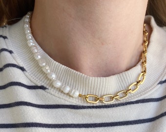 Pearl chain necklace, half pearl and chain necklace, mens pearl necklace , chunky chain necklace