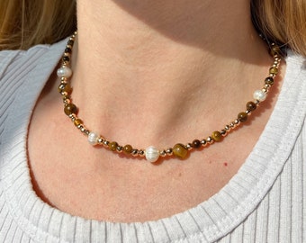 Beaded necklace, dainty necklace, tiger eye necklace, gemstone necklace