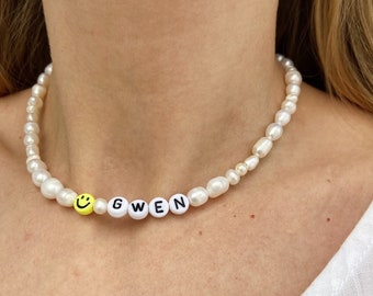 Pearl name necklace, real pearl necklace, smiley face necklace, custom name necklace