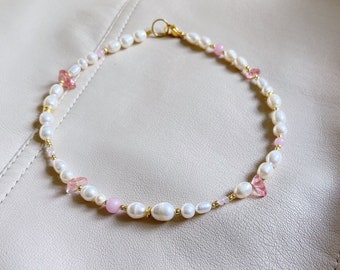 Pearl necklace, rose quartz necklace, rose quartz jewelry, pearl choker