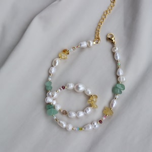 Beaded gemstone necklace with green aventurine yellow citrine , rainbow pearl beaded necklace image 4