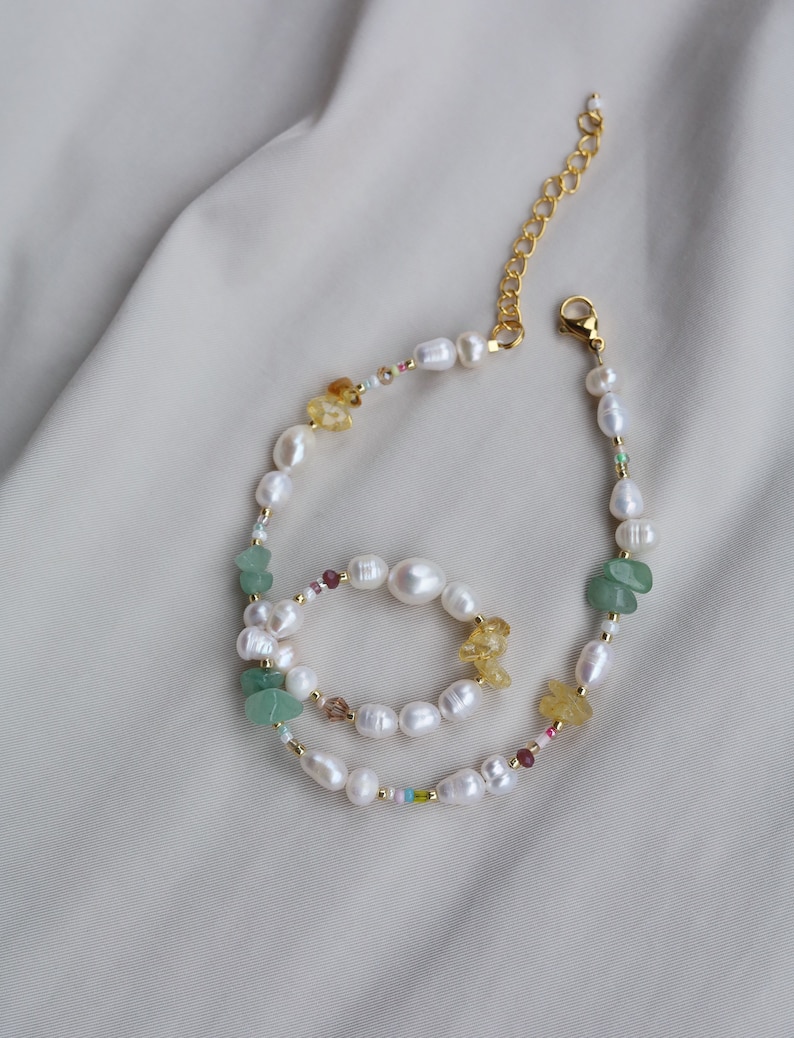 Beaded gemstone necklace with green aventurine yellow citrine , rainbow pearl beaded necklace image 4