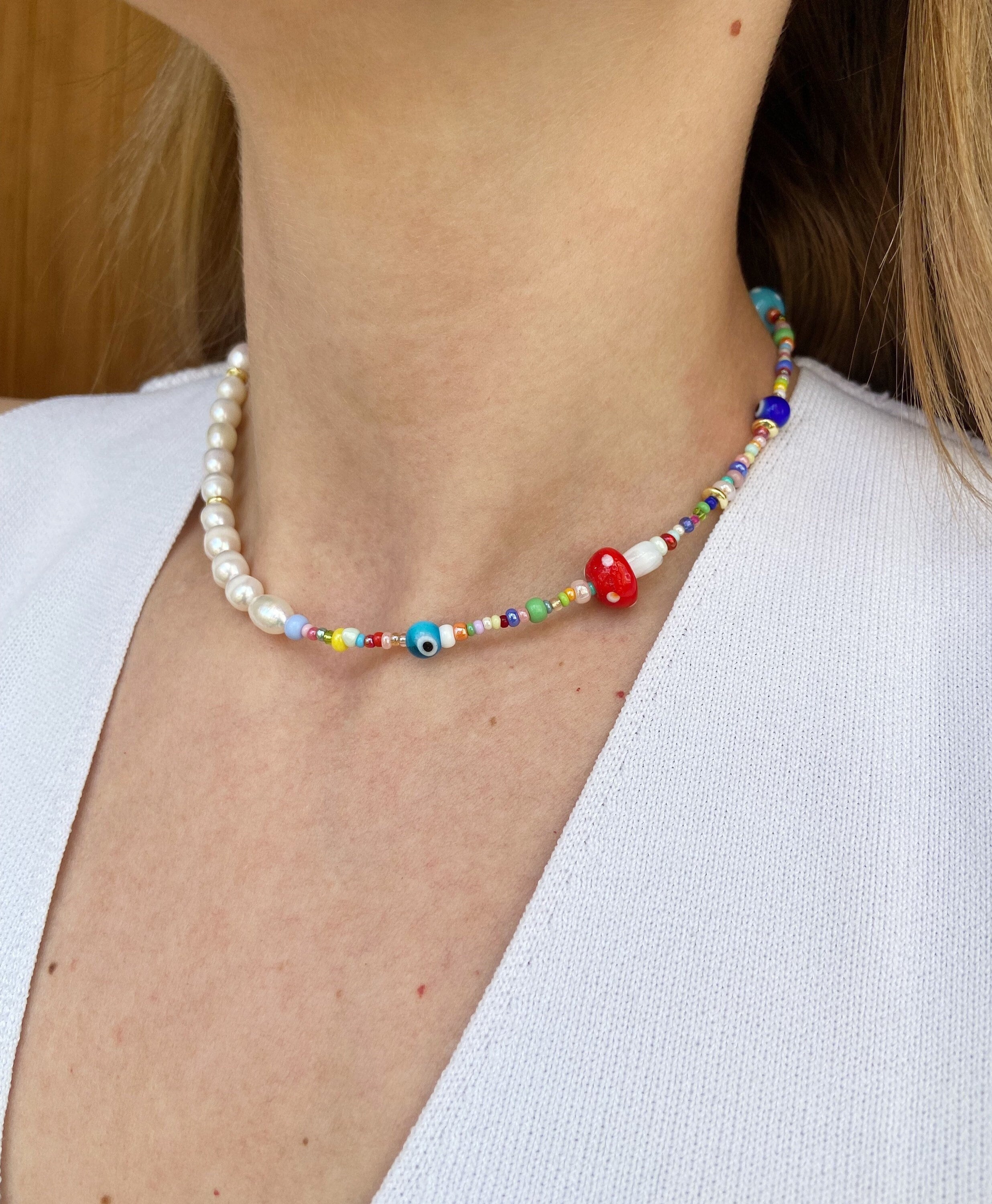 Mushroom necklace, evil eye necklace, y2k necklace, pearl necklace