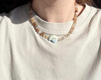 Seashell beaded necklace, boho chic necklace, layered necklace, summer vacation necklace