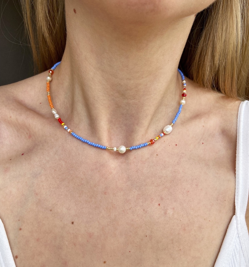 Colorful necklace, y2k necklace, blue necklace, beaded necklaces, handmade necklace image 1