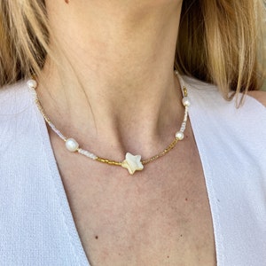 Mother of pearl beaded necklace , star necklace , beaded choker , fresh water pearl necklace , gold and white beaded choker image 3