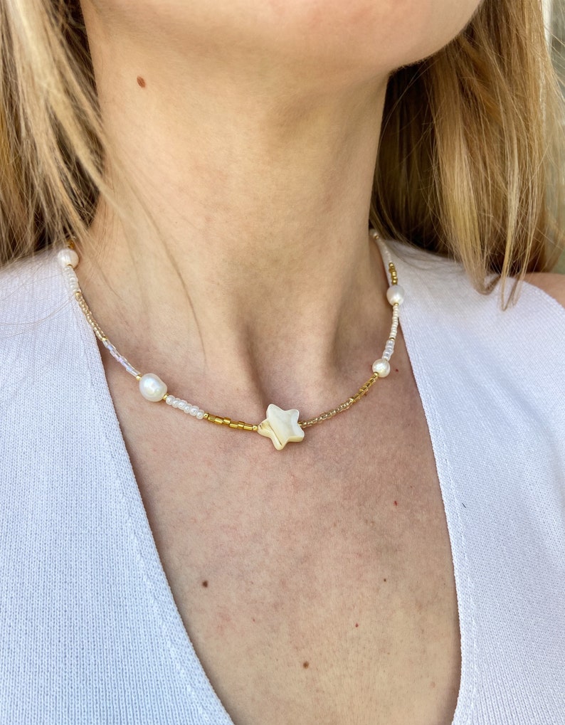 Mother of pearl beaded necklace , star necklace , beaded choker , fresh water pearl necklace , gold and white beaded choker image 3