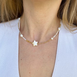 Mother of pearl beaded necklace , star necklace , beaded choker , fresh water pearl necklace , gold and white beaded choker image 1