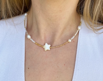Mother of pearl beaded necklace , star necklace , beaded choker , fresh water pearl necklace , gold  and white beaded choker