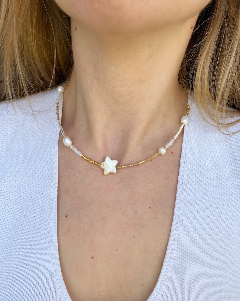 Mother of pearl beaded necklace , star necklace , beaded choker , fresh water pearl necklace , gold and white beaded choker image 1