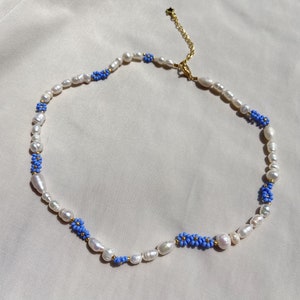 Flower necklaces, beaded necklace, pearl necklaces, real pearl necklace, blue necklace image 5