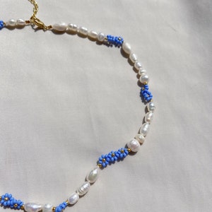 Flower necklaces, beaded necklace, pearl necklaces, real pearl necklace, blue necklace image 2