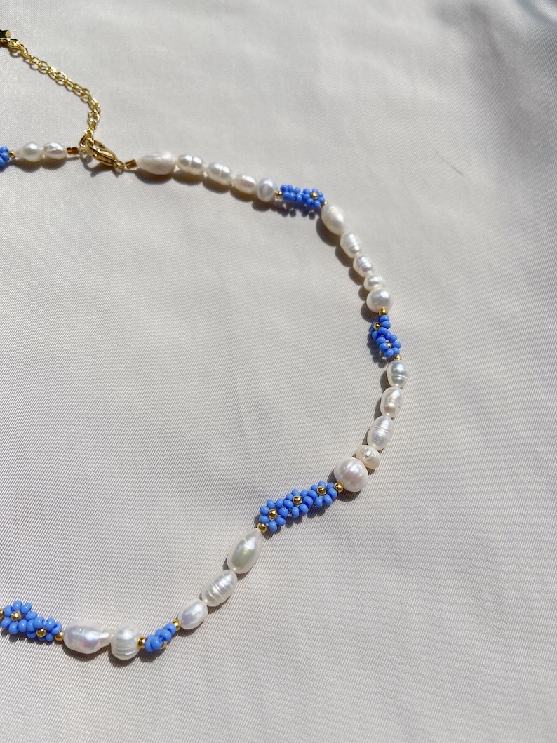 Flower necklaces, beaded necklace, pearl necklaces, real pearl necklace, blue necklace image 2