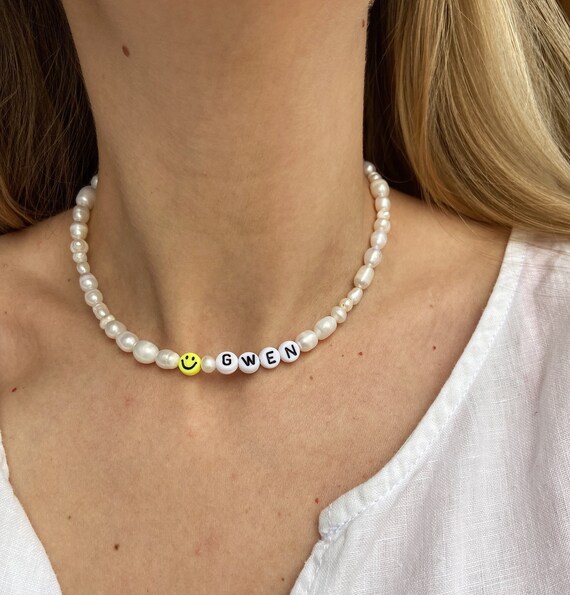 Pearl Name Necklace Real Pearl Necklace Smiley Face Necklace