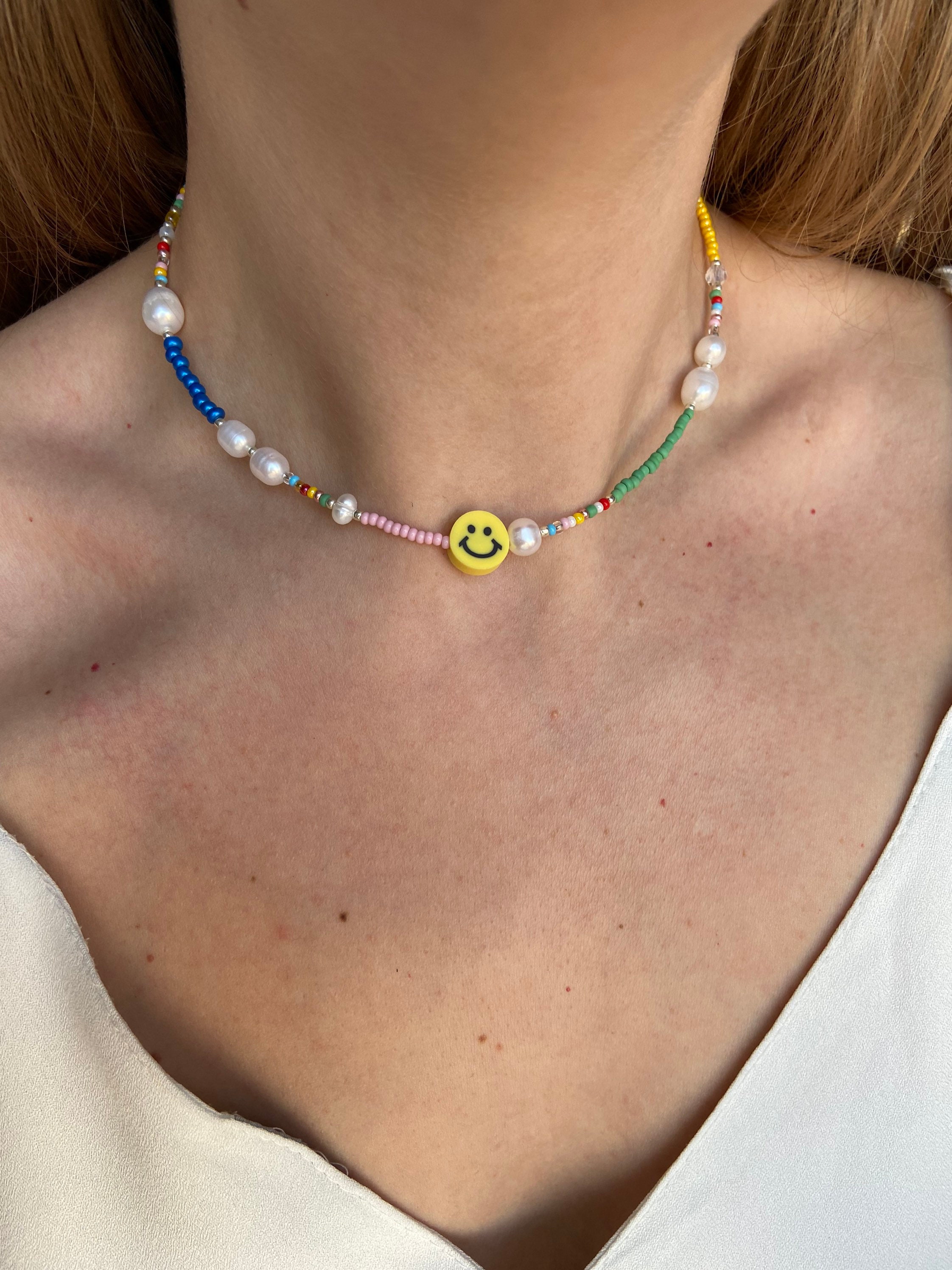 Smiley face necklace beaded necklace rainbow necklace pearl | Etsy