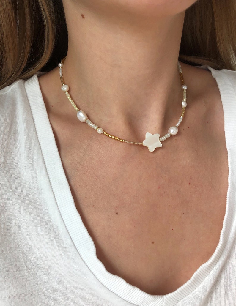 Mother of pearl beaded necklace , star necklace , beaded choker , fresh water pearl necklace , gold and white beaded choker image 2