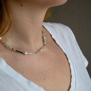 Green real pearl necklace beaded necklace rainbow necklace choker necklace beaded jewelry image 3