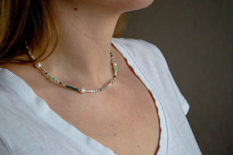 Green real pearl necklace beaded necklace rainbow necklace choker necklace beaded jewelry image 3