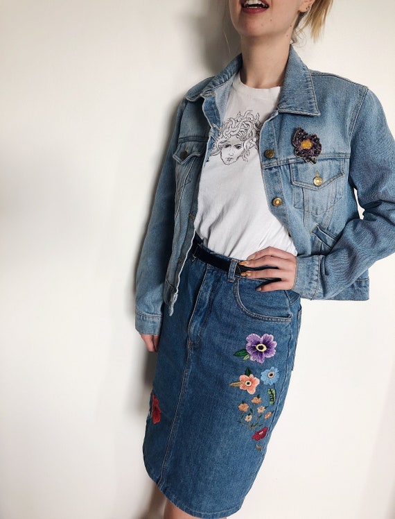 Denim skirt pencil skirt embroidered flower skirt bohemian | Etsy