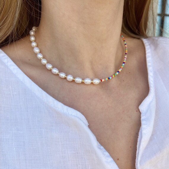 Half Pearl Half Bead Necklace Colorful 