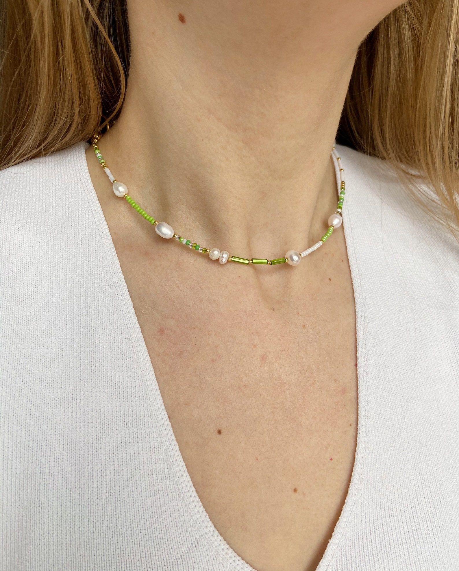 Green Beaded Choker Necklace Beaded Necklace Y2k Real Pearl Etsy