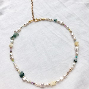 Beaded gemstone necklace with green aventurine yellow citrine , rainbow pearl beaded necklace image 2