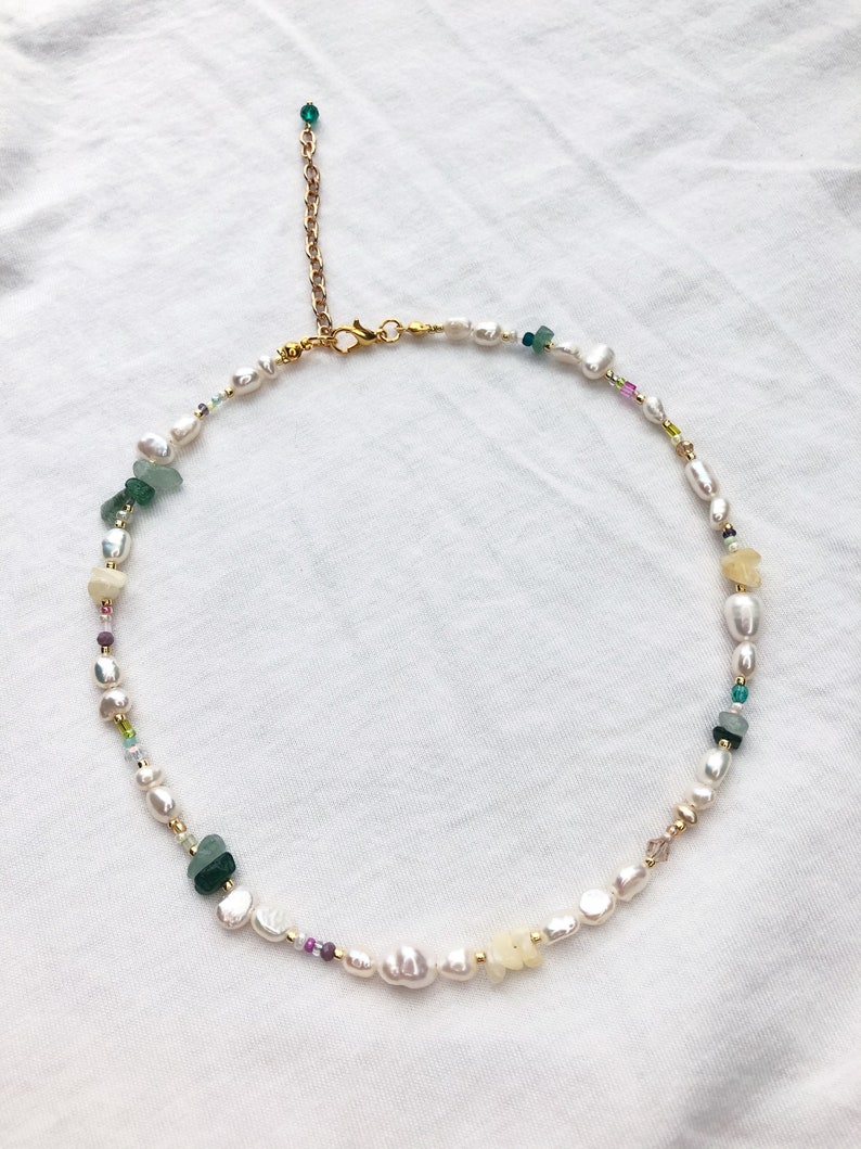 Beaded gemstone necklace with green aventurine yellow citrine , rainbow pearl beaded necklace image 2