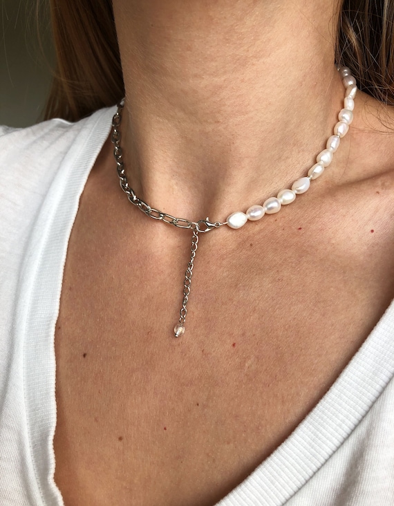 Pearl Chain Necklace, Half Pearl and Chain Necklace, Pearl