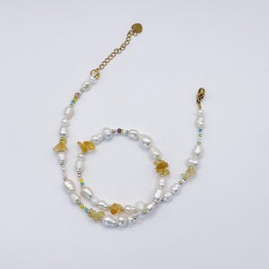 Beaded gemstone necklace with yellow citrine , layered necklace, pearl necklace