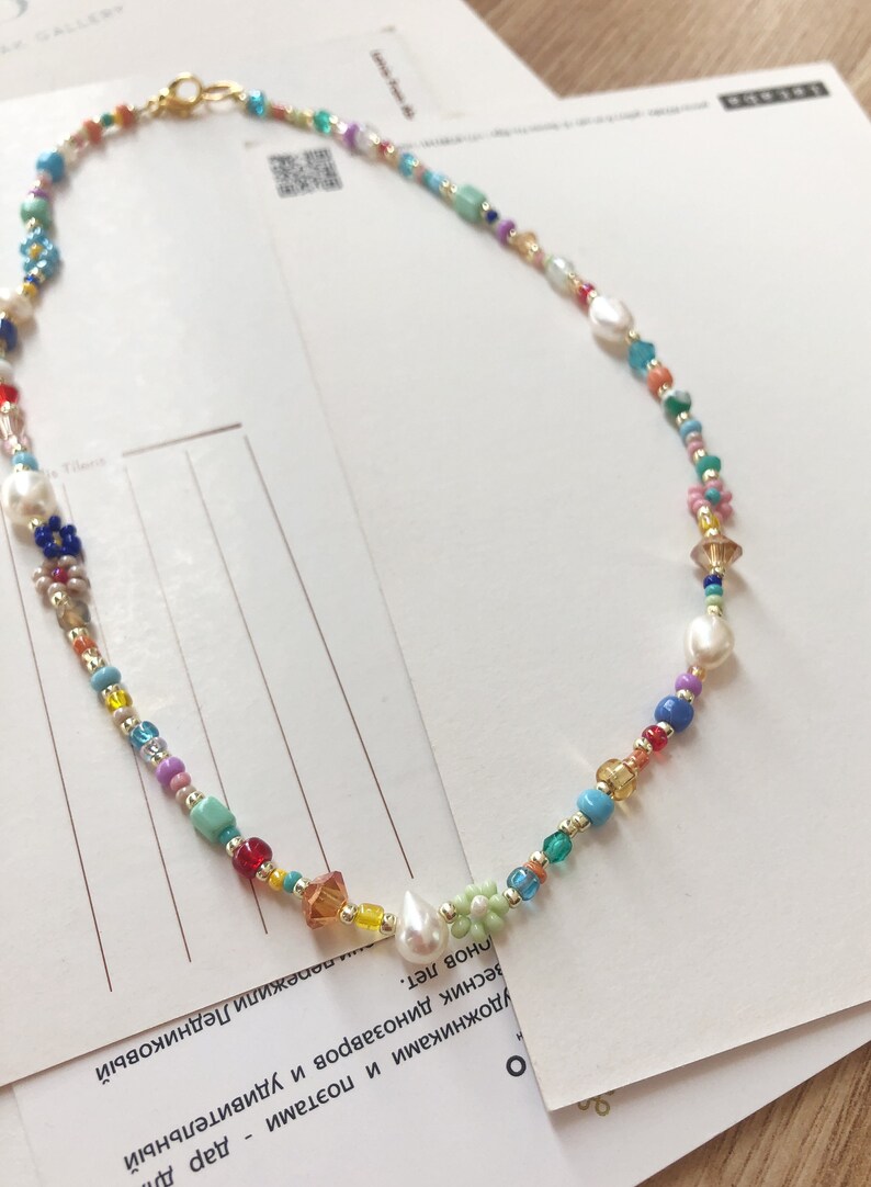 Beaded Daisy Flower Necklace Beaded Jewelry Freshwater Pearl Etsy