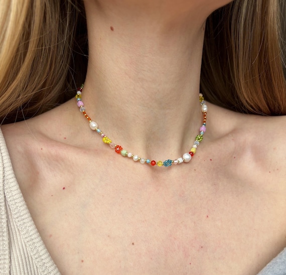 Beaded Flower Necklace, Beaded Necklace, Flower Necklace