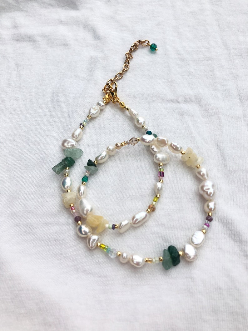 Beaded gemstone necklace with green aventurine yellow citrine , rainbow pearl beaded necklace image 1