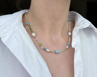Flower beaded necklace, blue green seed beaded necklace, valentines day gift