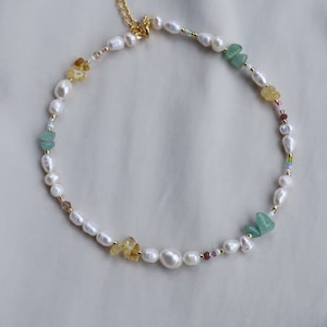 Beaded gemstone necklace with green aventurine yellow citrine , rainbow pearl beaded necklace image 6