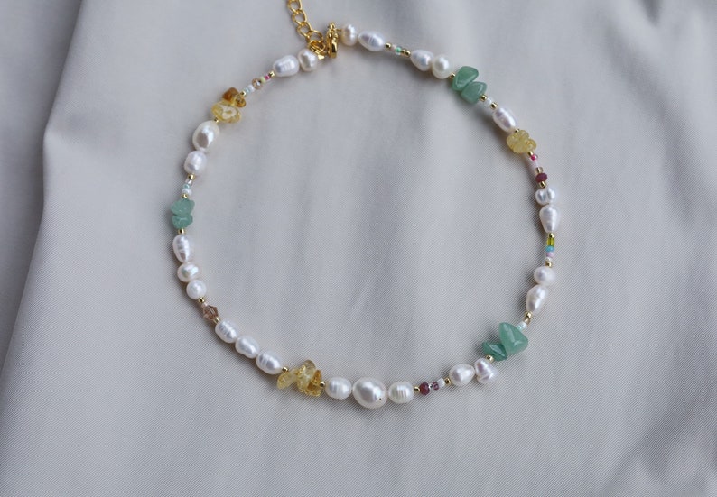 Beaded gemstone necklace with green aventurine yellow citrine , rainbow pearl beaded necklace image 6