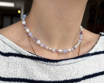 Beaded necklace, dainty necklace, pearl necklace, choker necklace, mother of pearl necklace, purple jade necklace