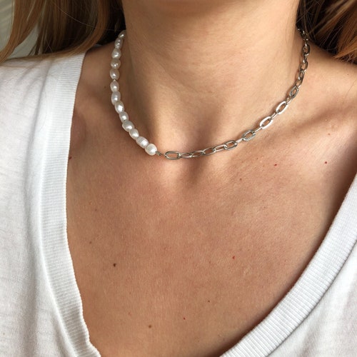 Pearl Chain Necklace, Half Pearl and Chain Necklace, Pearl Choker