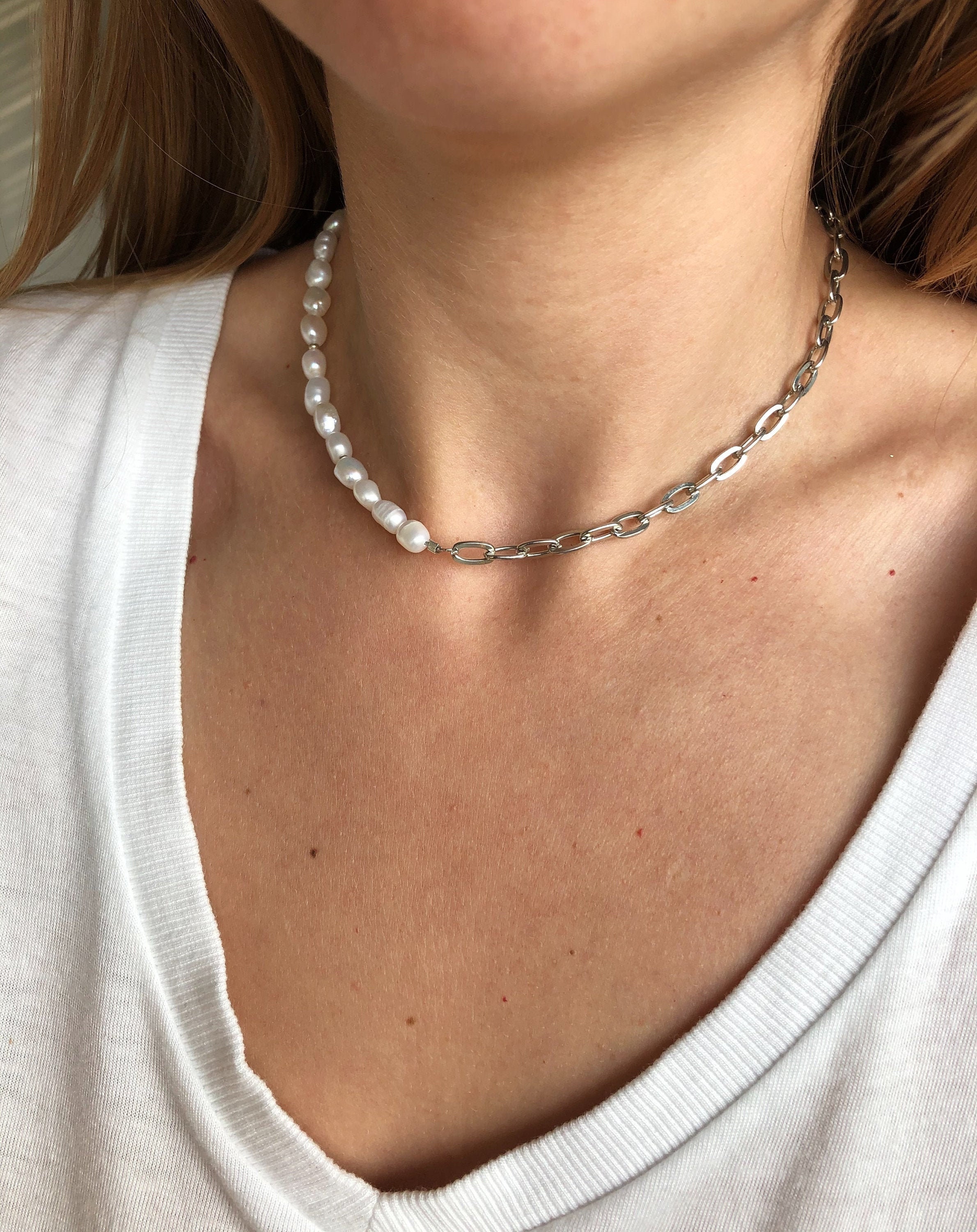 Pearl Chain Necklace Half Pearl and Chain Necklace Pearl Choker
