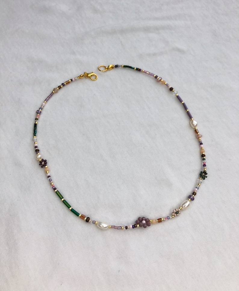 Lavender beaded flower necklace , rainbow beaded necklace , seed bead necklace , rainbow adult beaded choker , christmas jewelry gift image 5