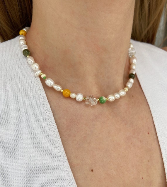 Jade long necklace with drop Baroque Pearl | Gems 4 Jewels LLC