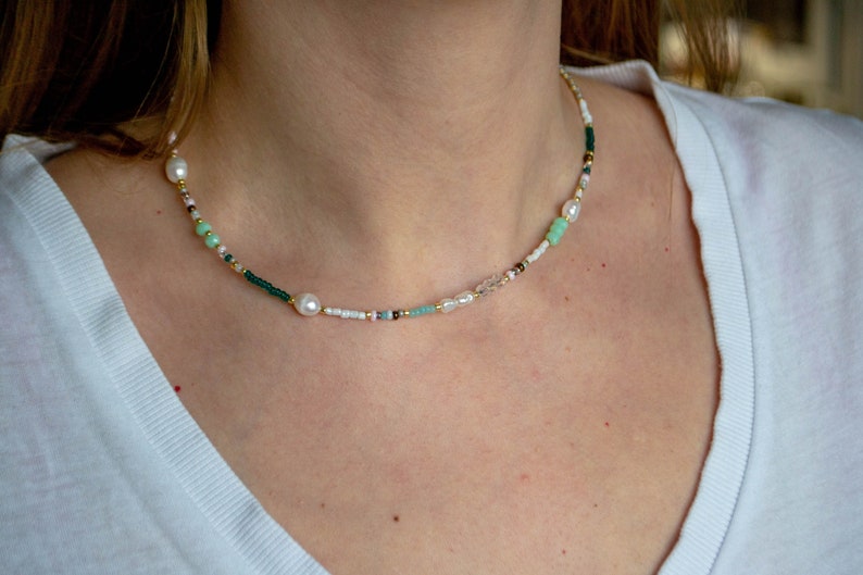 Green real pearl necklace beaded necklace rainbow necklace choker necklace beaded jewelry image 4