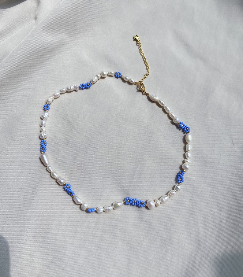 Flower necklaces, beaded necklace, pearl necklaces, real pearl necklace, blue necklace image 3