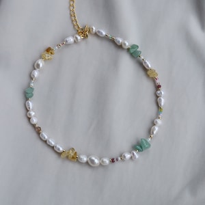 Beaded gemstone necklace with green aventurine yellow citrine , rainbow pearl beaded necklace image 3