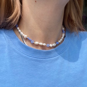 Flower necklaces, beaded necklace, pearl necklaces, real pearl necklace, blue necklace image 4