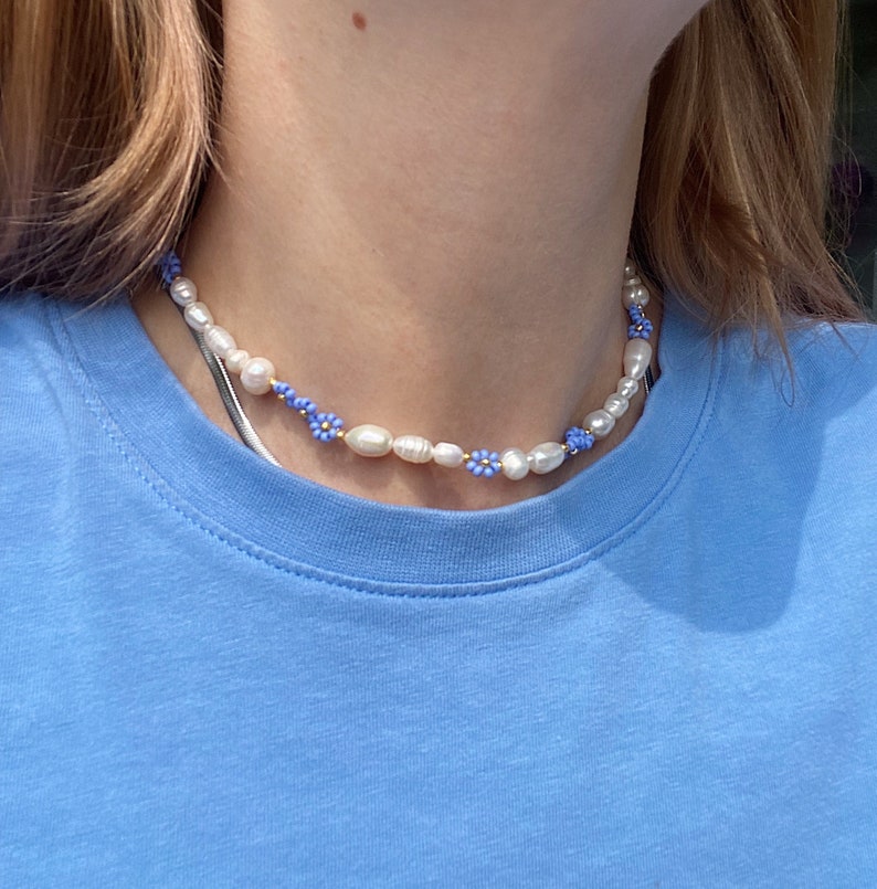 Flower necklaces, beaded necklace, pearl necklaces, real pearl necklace, blue necklace image 4